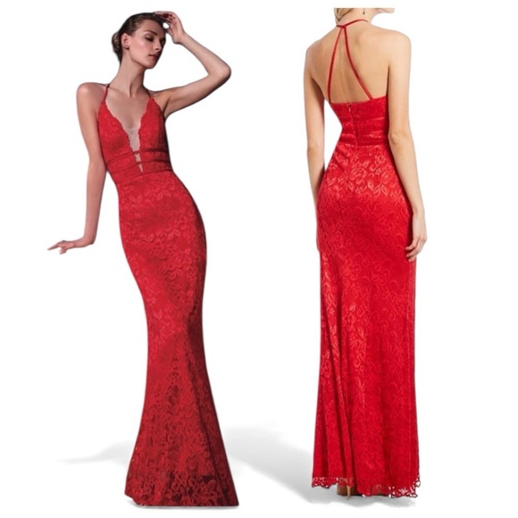 Betsy & Adam Red long, Backless fine lace Dress - Size 4, Retail Price $240 - Picture 1 of 11